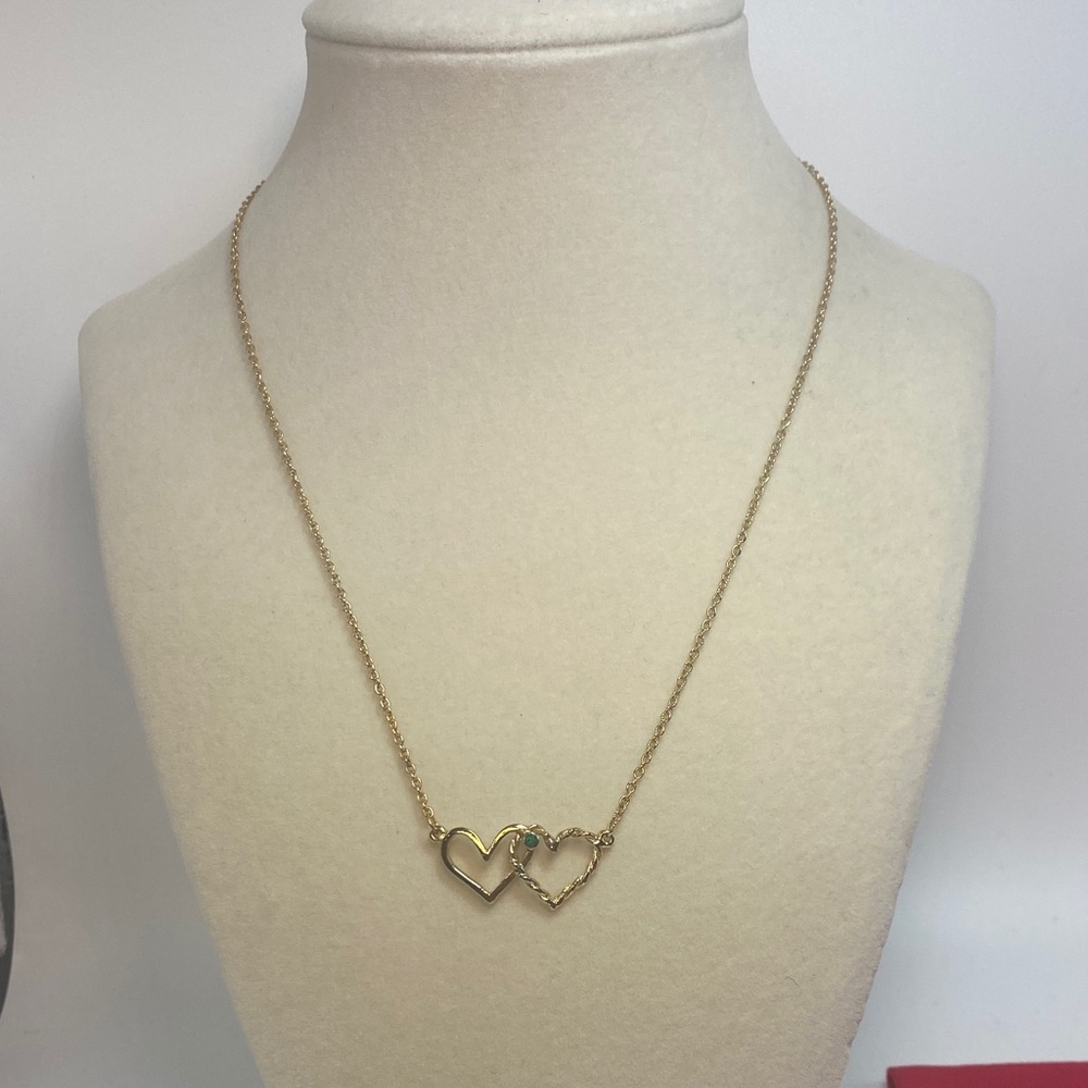 Gold Tone Double Heart Pendant Necklace 16 Inches with Birthstone for May